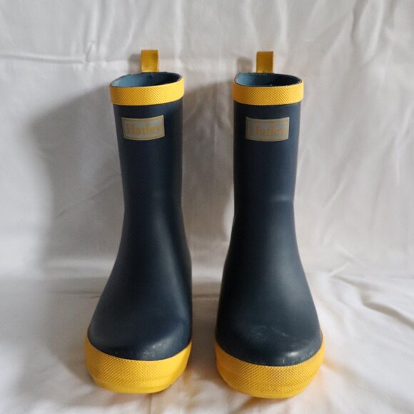 Hatley Kids Classic Slip On Sz 1 Navy Yellow Outdoor Matte Rubber Rain Boots - Picture 2 of 11